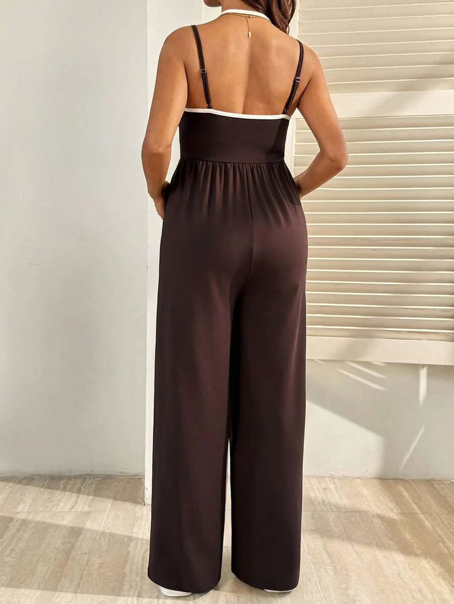 Royal Blue Maternity Wide Leg Jumpsuit – Casual High Waist Spaghetti Strap Unitard with Medium Stretch for Beach & Everyday Wear