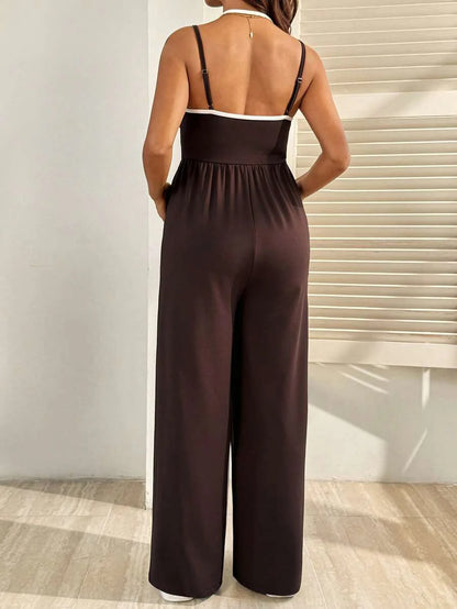 Royal Blue Maternity Wide Leg Jumpsuit – Casual High Waist Spaghetti Strap Unitard with Medium Stretch for Beach & Everyday Wear