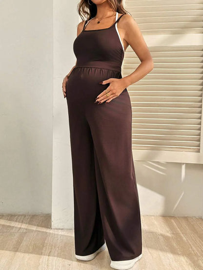 Royal Blue Maternity Wide Leg Jumpsuit – Casual High Waist Spaghetti Strap Unitard with Medium Stretch for Beach & Everyday Wear