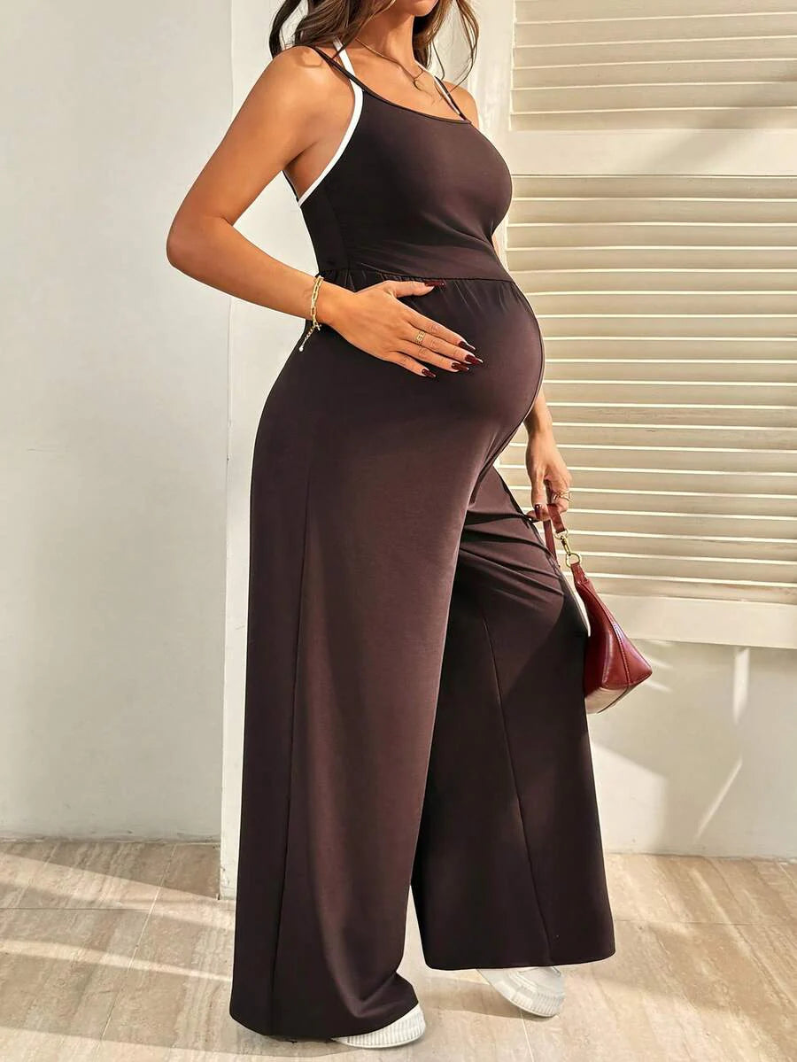 Royal Blue Maternity Wide Leg Jumpsuit – Casual High Waist Spaghetti Strap Unitard with Medium Stretch for Beach & Everyday Wear