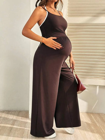 Royal Blue Maternity Wide Leg Jumpsuit – Casual High Waist Spaghetti Strap Unitard with Medium Stretch for Beach & Everyday Wear
