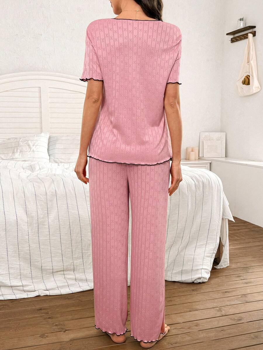 Maternity Lounge Set 2 Pack - Knit Jacquard Collared Short Sleeve Top and Pants, Nursing Sleepwear