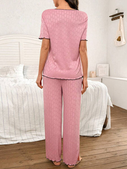 Maternity Lounge Set 2 Pack - Knit Jacquard Collared Short Sleeve Top and Pants, Nursing Sleepwear