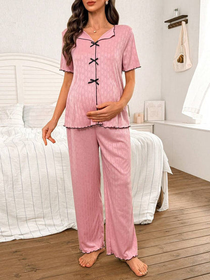 Maternity Lounge Set 2 Pack - Knit Jacquard Collared Short Sleeve Top and Pants, Nursing Sleepwear
