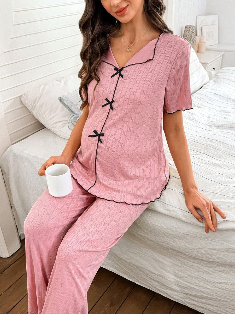 Maternity Lounge Set 2 Pack - Knit Jacquard Collared Short Sleeve Top and Pants, Nursing Sleepwear