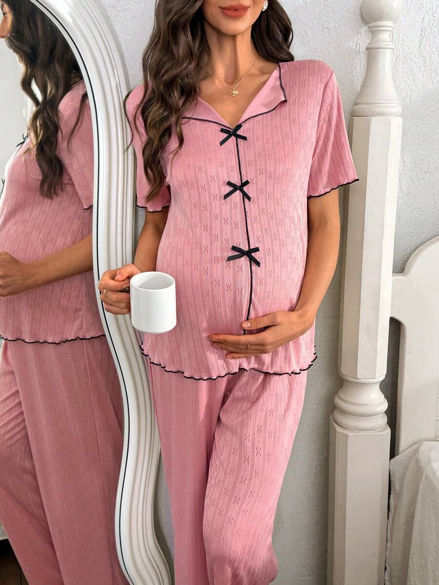 Maternity Lounge Set 2 Pack - Knit Jacquard Collared Short Sleeve Top and Pants, Nursing Sleepwear
