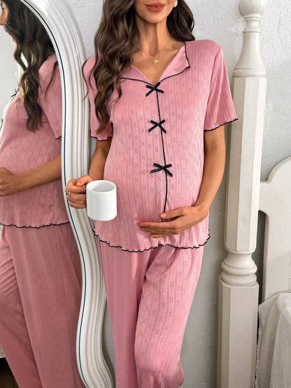Maternity Lounge Set 2 Pack - Knit Jacquard Collared Short Sleeve Top and Pants, Nursing Sleepwear