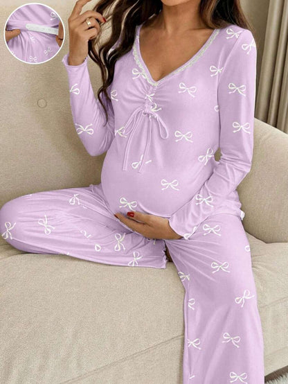Apricot Maternity Bow Print 2-Piece Pajama Set - Long Sleeve Scoop Neck Top and Cropped Pants - Casual Soft Knit Lounge Set for Women