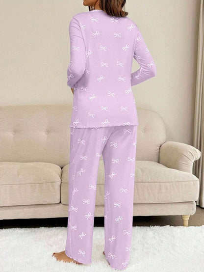 Apricot Maternity Bow Print 2-Piece Pajama Set - Long Sleeve Scoop Neck Top and Cropped Pants - Casual Soft Knit Lounge Set for Women