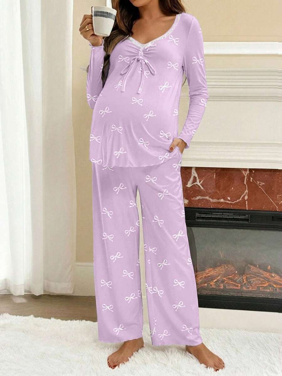 Apricot Maternity Bow Print 2-Piece Pajama Set - Long Sleeve Scoop Neck Top and Cropped Pants - Casual Soft Knit Lounge Set for Women
