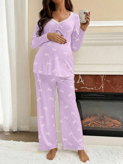 Apricot Maternity Bow Print 2-Piece Pajama Set - Long Sleeve Scoop Neck Top and Cropped Pants - Casual Soft Knit Lounge Set for Women
