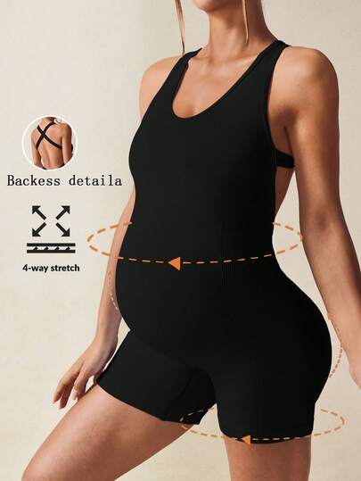 Maternity Casual Solid Color Sleeveless Backless Romper - Summer Outfit