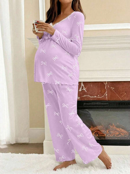 Apricot Maternity Bow Print 2-Piece Pajama Set - Long Sleeve Scoop Neck Top and Cropped Pants - Casual Soft Knit Lounge Set for Women