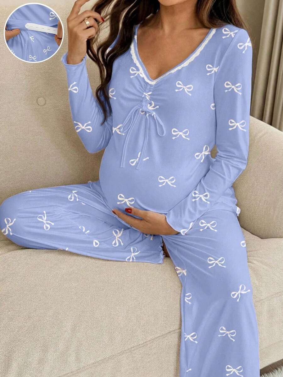 Apricot Maternity Bow Print 2-Piece Pajama Set - Long Sleeve Scoop Neck Top and Cropped Pants - Casual Soft Knit Lounge Set for Women