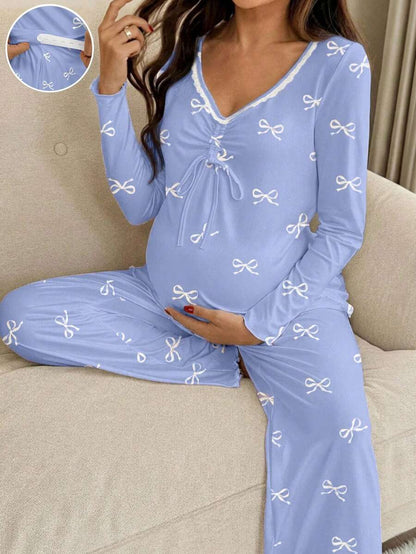 Apricot Maternity Bow Print 2-Piece Pajama Set - Long Sleeve Scoop Neck Top and Cropped Pants - Casual Soft Knit Lounge Set for Women