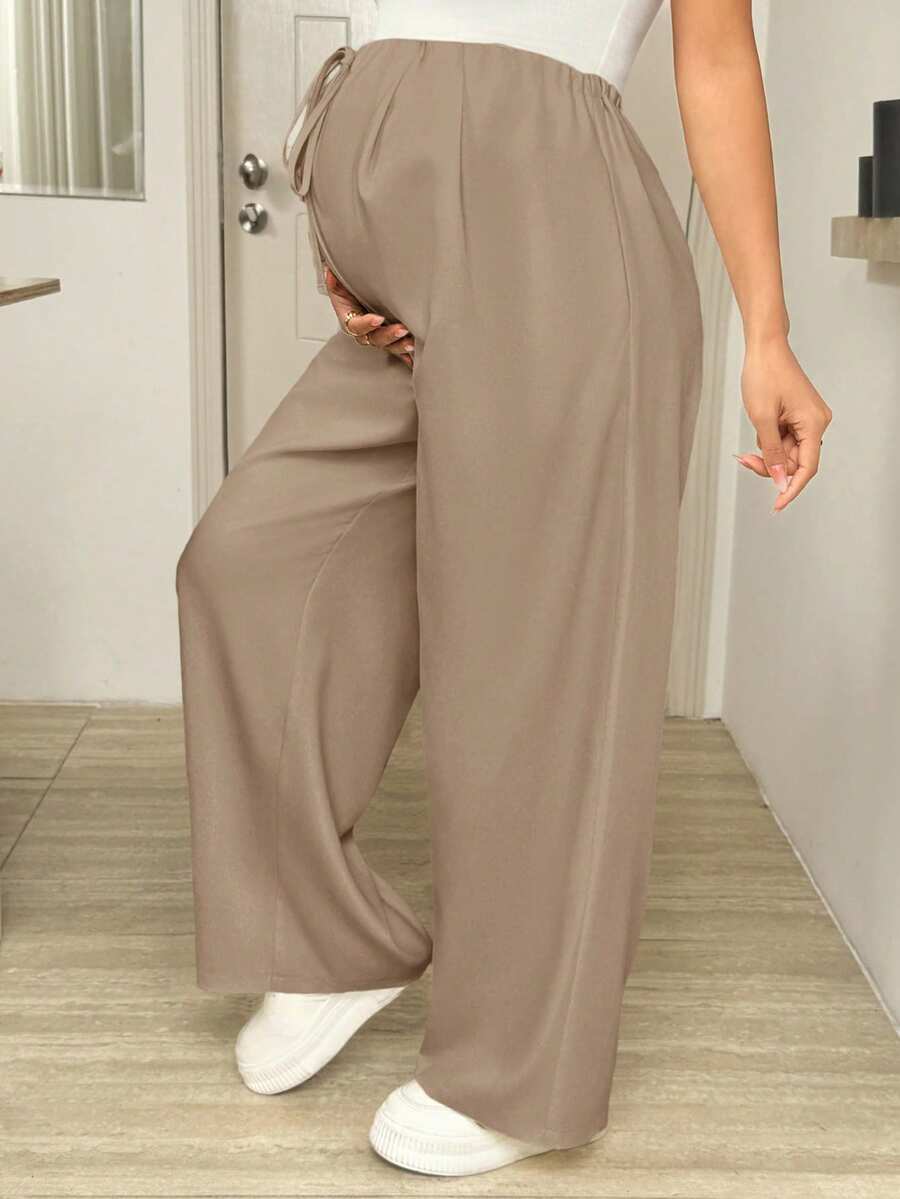 Maternity Wide Leg Pants - Drawstring Waist, Loose Fit, Pocket, Army Green
