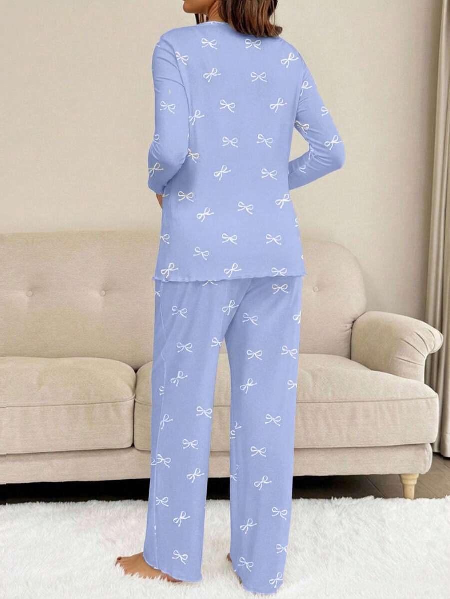 Apricot Maternity Bow Print 2-Piece Pajama Set - Long Sleeve Scoop Neck Top and Cropped Pants - Casual Soft Knit Lounge Set for Women