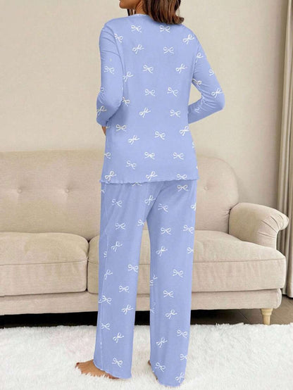 Apricot Maternity Bow Print 2-Piece Pajama Set - Long Sleeve Scoop Neck Top and Cropped Pants - Casual Soft Knit Lounge Set for Women