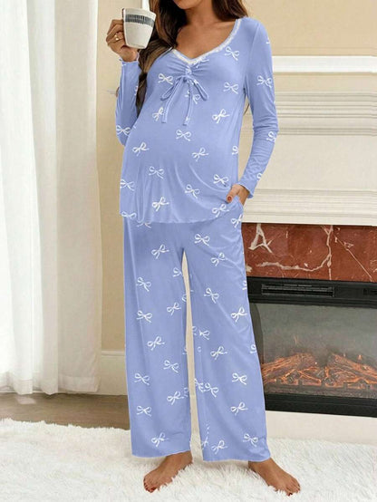 Apricot Maternity Bow Print 2-Piece Pajama Set - Long Sleeve Scoop Neck Top and Cropped Pants - Casual Soft Knit Lounge Set for Women