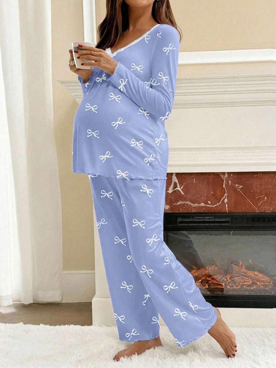 Apricot Maternity Bow Print 2-Piece Pajama Set - Long Sleeve Scoop Neck Top and Cropped Pants - Casual Soft Knit Lounge Set for Women
