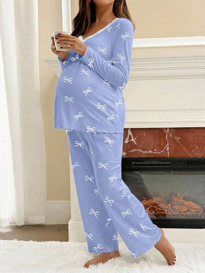 Apricot Maternity Bow Print 2-Piece Pajama Set - Long Sleeve Scoop Neck Top and Cropped Pants - Casual Soft Knit Lounge Set for Women