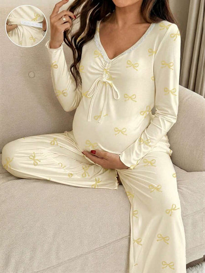 Apricot Maternity Bow Print 2-Piece Pajama Set - Long Sleeve Scoop Neck Top and Cropped Pants - Casual Soft Knit Lounge Set for Women