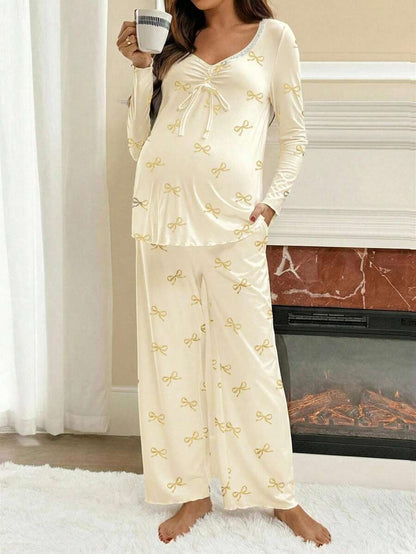 Apricot Maternity Bow Print 2-Piece Pajama Set - Long Sleeve Scoop Neck Top and Cropped Pants - Casual Soft Knit Lounge Set for Women