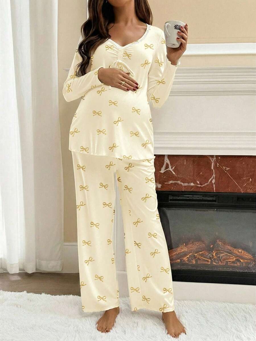 Apricot Maternity Bow Print 2-Piece Pajama Set - Long Sleeve Scoop Neck Top and Cropped Pants - Casual Soft Knit Lounge Set for Women