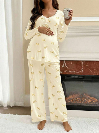 Apricot Maternity Bow Print 2-Piece Pajama Set - Long Sleeve Scoop Neck Top and Cropped Pants - Casual Soft Knit Lounge Set for Women