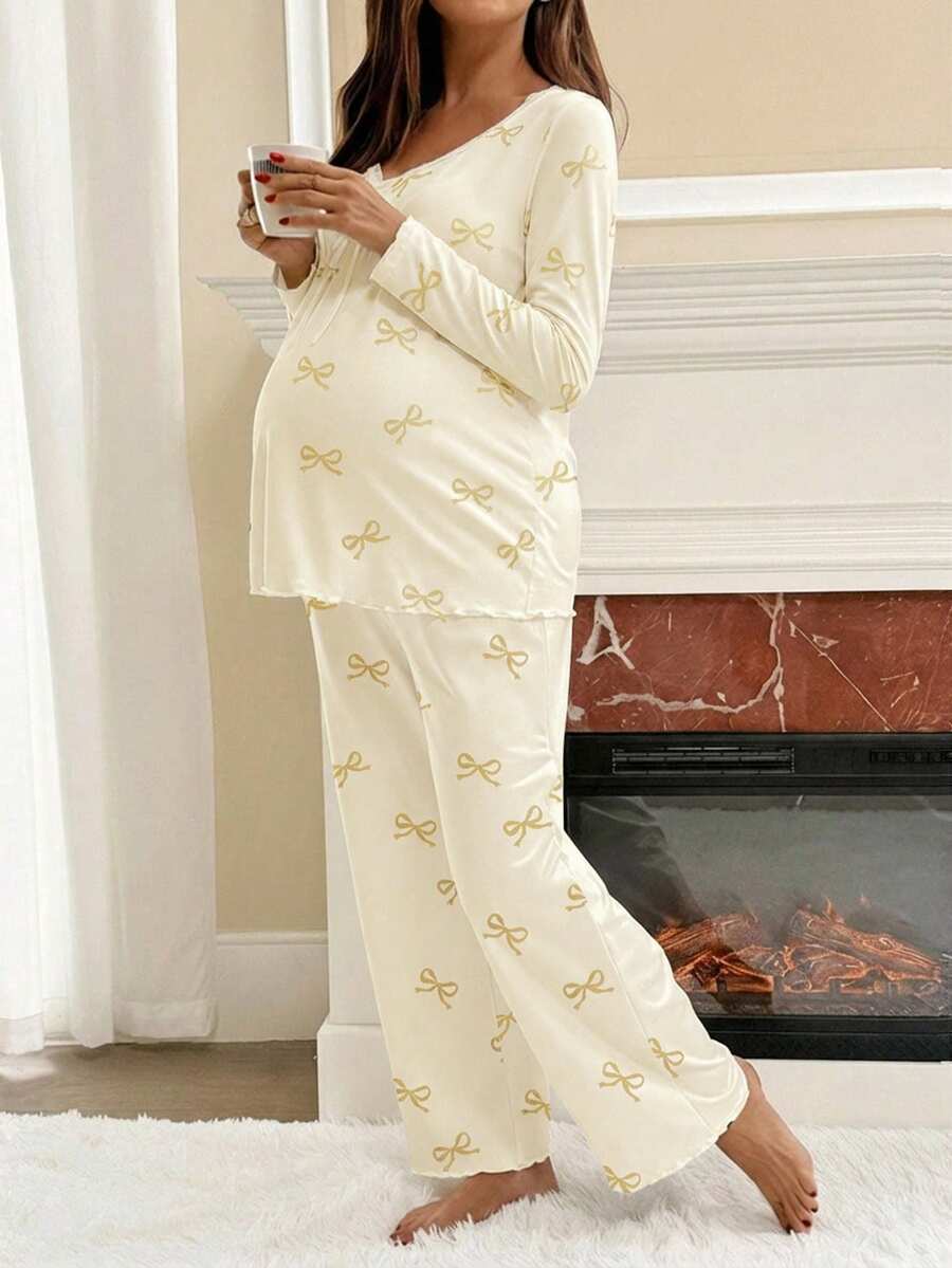 Apricot Maternity Bow Print 2-Piece Pajama Set - Long Sleeve Scoop Neck Top and Cropped Pants - Casual Soft Knit Lounge Set for Women