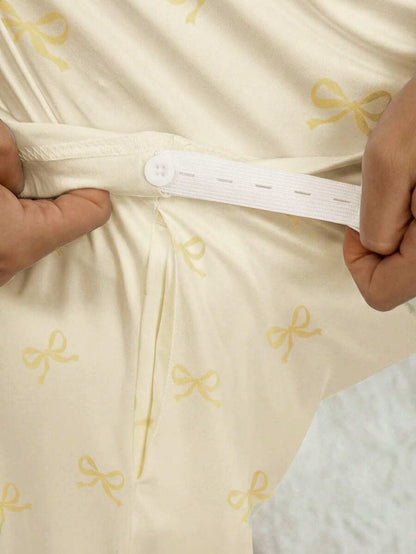 Apricot Maternity Bow Print 2-Piece Pajama Set - Long Sleeve Scoop Neck Top and Cropped Pants - Casual Soft Knit Lounge Set for Women