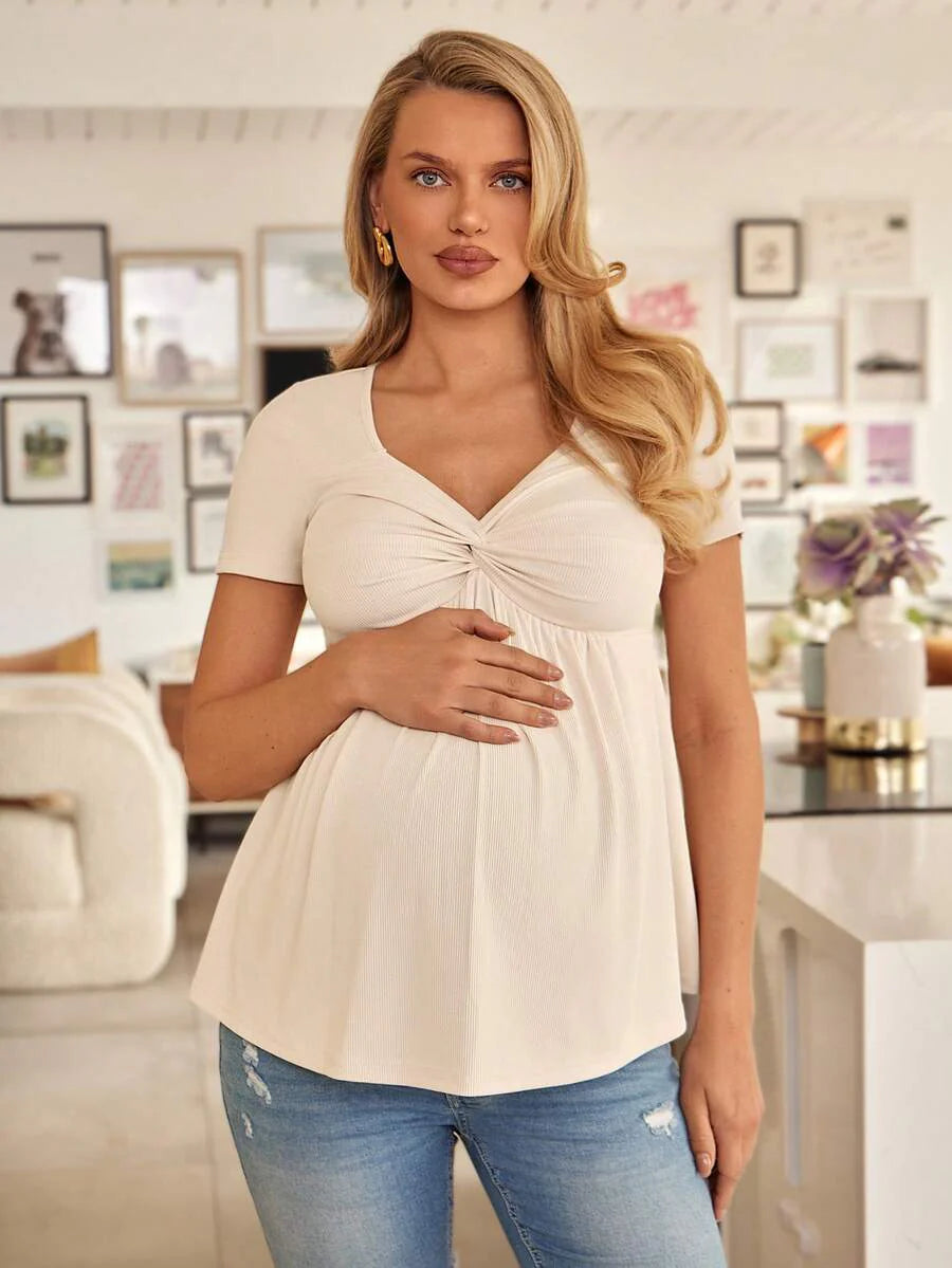Maternity Short Sleeve Front Twist T-Shirt - Apricot Deep V-Neck Slim Fit Flared Hem Summer Casual Top