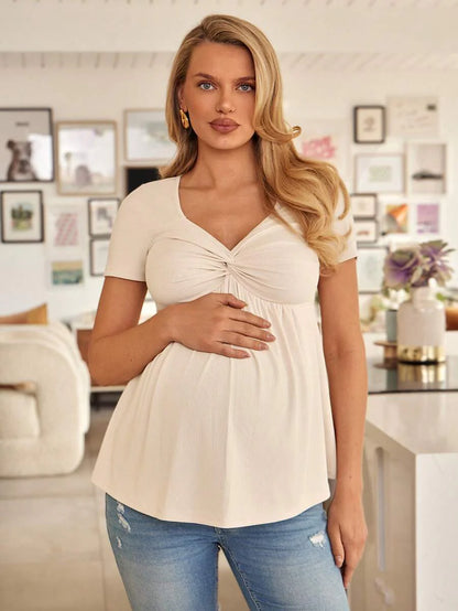 Maternity Short Sleeve Front Twist T-Shirt - Apricot Deep V-Neck Slim Fit Flared Hem Summer Casual Top