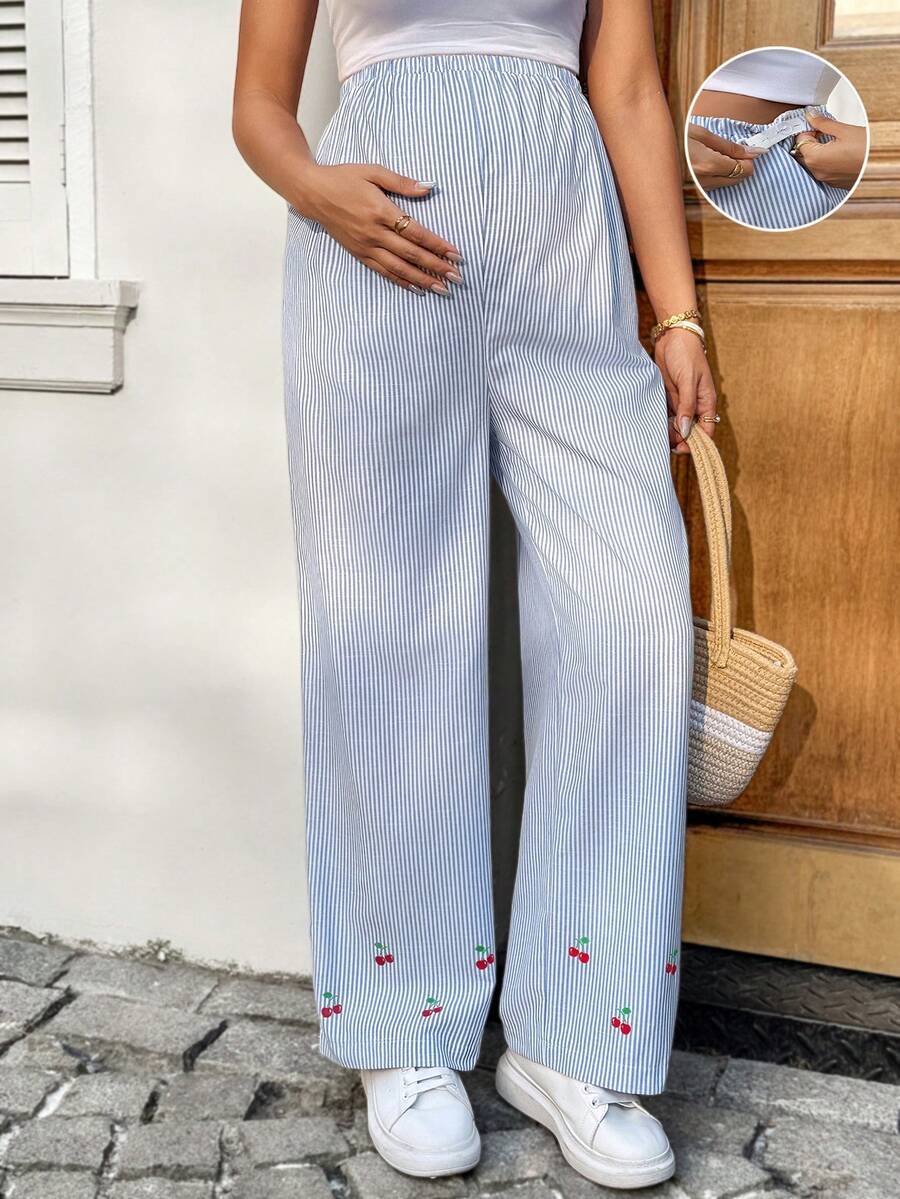Striped Wide Leg Maternity Pants with Adjustable Drawstring Waist – Black and White Plant Print High Waist Cropped Loose Fit Beach Trousers