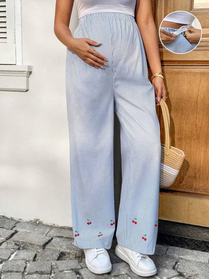 Striped Wide Leg Maternity Pants with Adjustable Drawstring Waist – Black and White Plant Print High Waist Cropped Loose Fit Beach Trousers