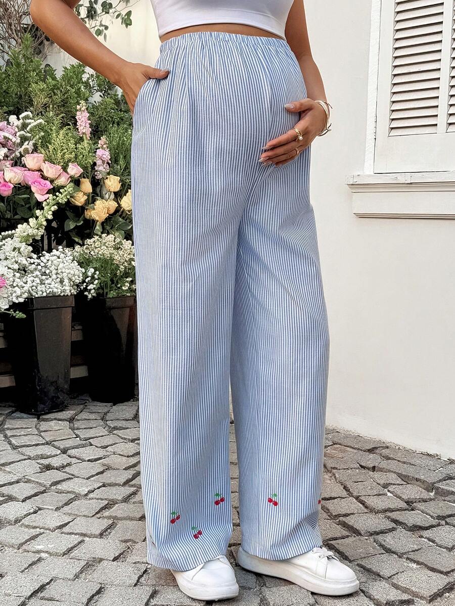 Striped Wide Leg Maternity Pants with Adjustable Drawstring Waist – Black and White Plant Print High Waist Cropped Loose Fit Beach Trousers