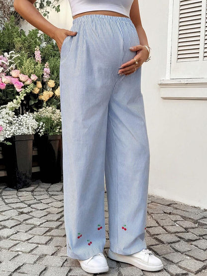 Striped Wide Leg Maternity Pants with Adjustable Drawstring Waist – Black and White Plant Print High Waist Cropped Loose Fit Beach Trousers