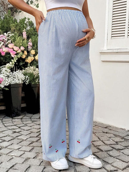 Striped Wide Leg Maternity Pants with Adjustable Drawstring Waist – Black and White Plant Print High Waist Cropped Loose Fit Beach Trousers