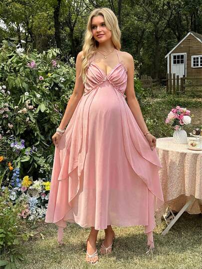 Maternity Summer Elegant Ruched Halter Dress