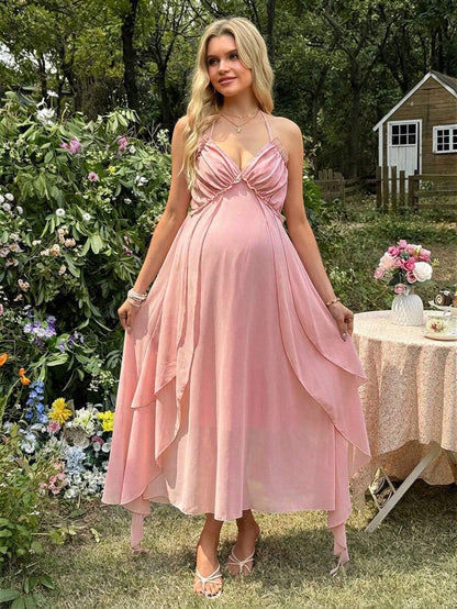 Maternity Summer Elegant Ruched Halter Dress