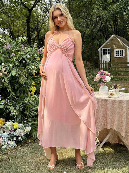 Maternity Summer Elegant Ruched Halter Dress