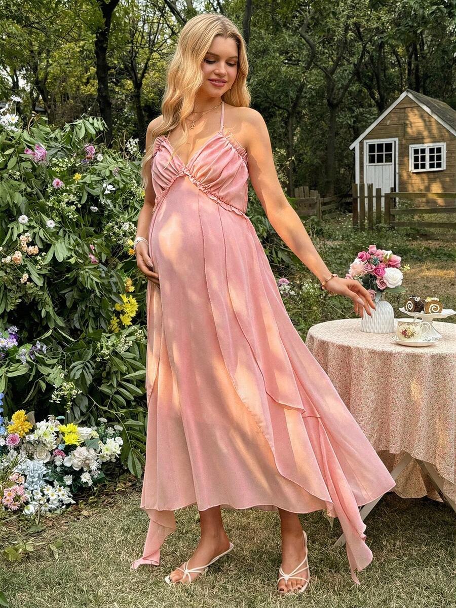 Maternity Summer Elegant Ruched Halter Dress