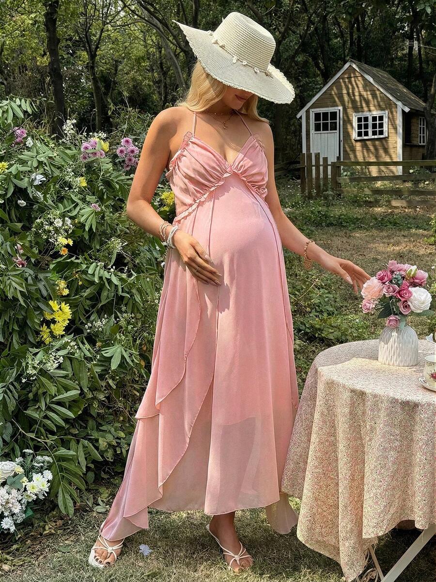 Maternity Summer Elegant Ruched Halter Dress