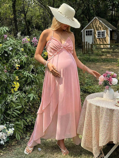 Maternity Summer Elegant Ruched Halter Dress