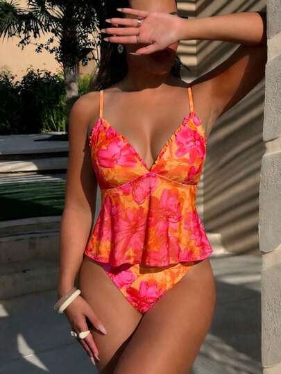Women's 2-Piece Floral Camisole Bikini Set - Spaghetti Strap, Frill Trim, Hipsters, Multicolor