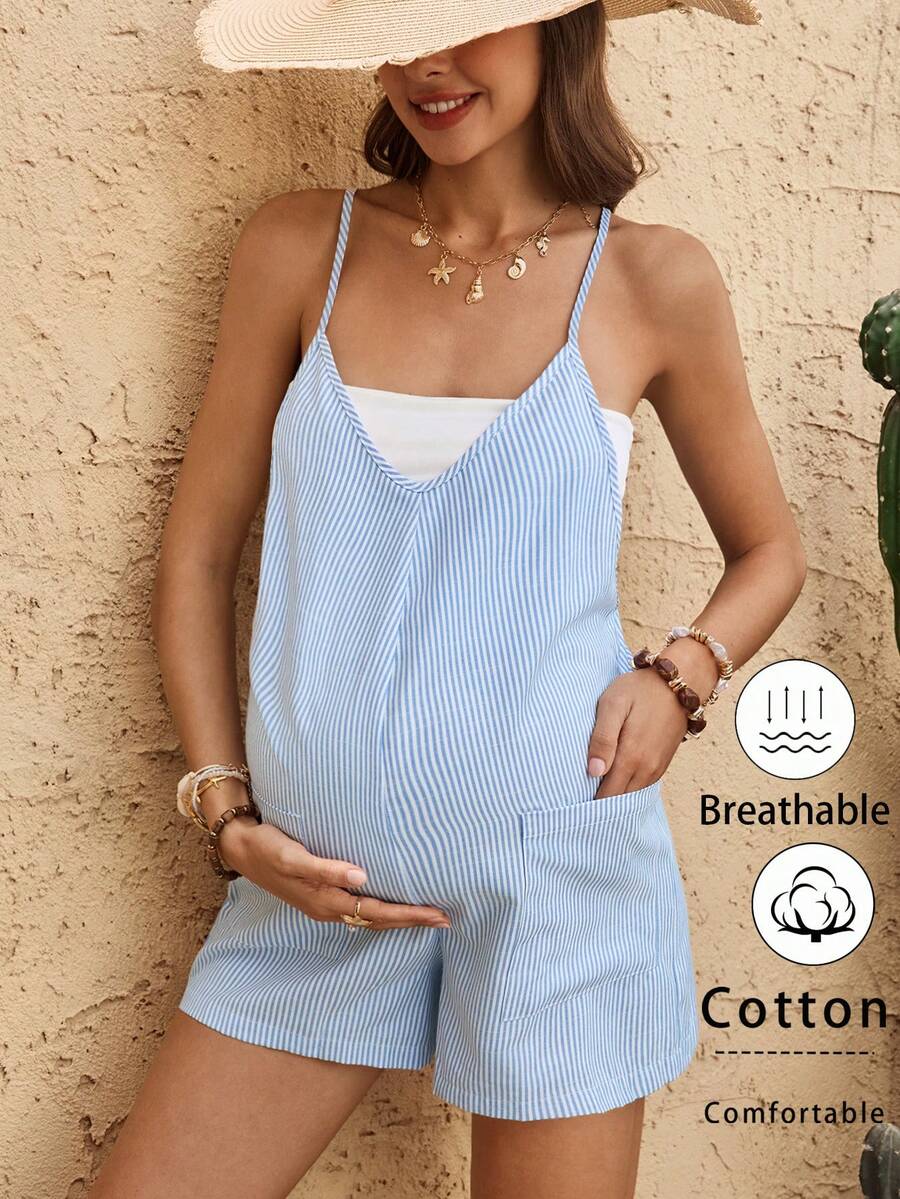 Coffee Brown Striped V-Neck Maternity Romper - Sleeveless Cotton Summer Vacation Jumpsuit with Bow Detail and Loose Fit