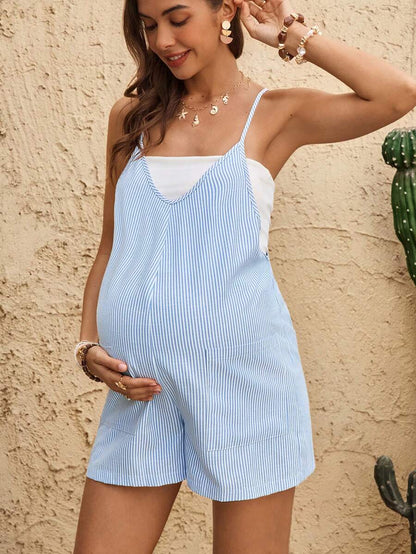 Coffee Brown Striped V-Neck Maternity Romper - Sleeveless Cotton Summer Vacation Jumpsuit with Bow Detail and Loose Fit