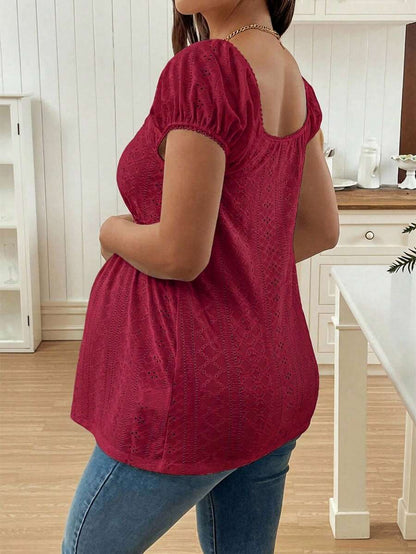 Maternity Square Neck Top - Puff Long Sleeve, Flared Hem, Regular Fit, Red