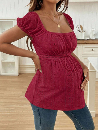 Maternity Square Neck Top - Puff Long Sleeve, Flared Hem, Regular Fit, Red