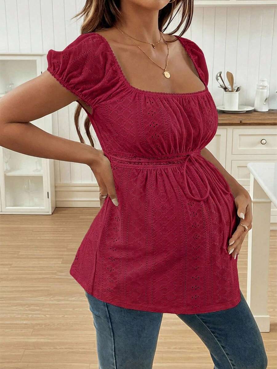 Green Square Neck Puff Sleeve Maternity Top - Elegant Ruched Textured Jacquard Flared Hem Long Sleeve Pregnancy T-Shirt
